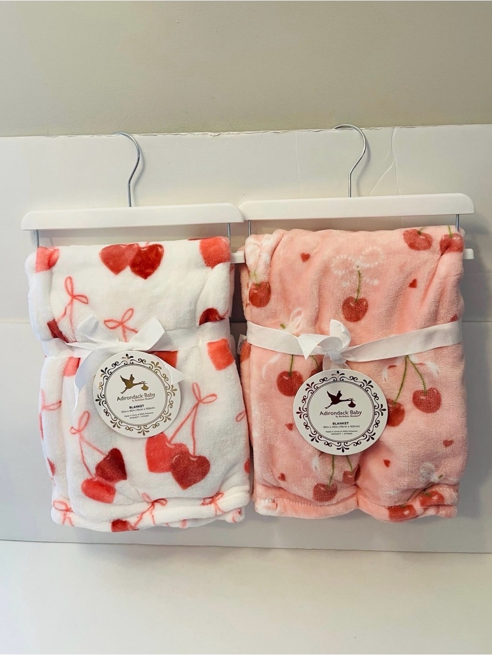 Adirondack Baby by Berkshire Lot of 2 Baby Blankets White Pink Hearts Cherries